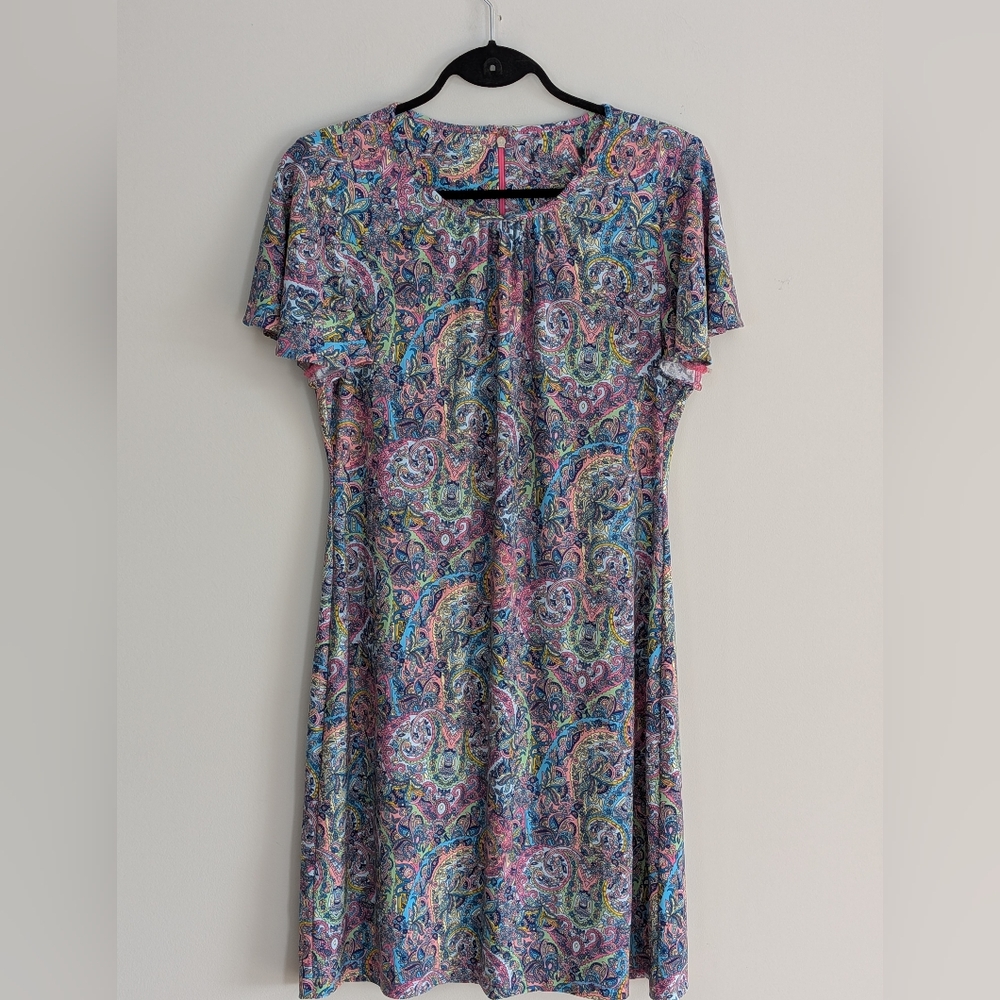 Tommy Hilfiger Bright Paisley Midi Shift Dress Short Ruffle Sleeves Size 10